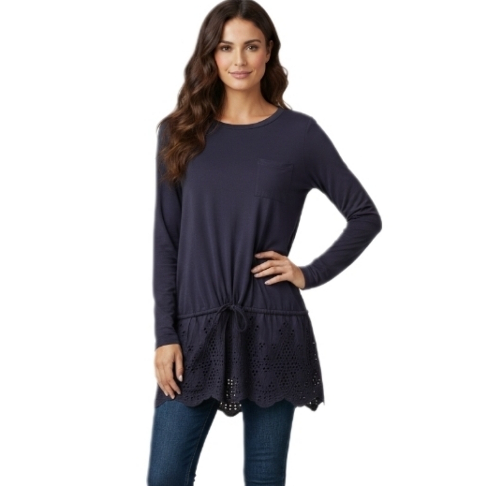 MittoShop Navy Eyelet Hem Drawstring Tunic Top NWT